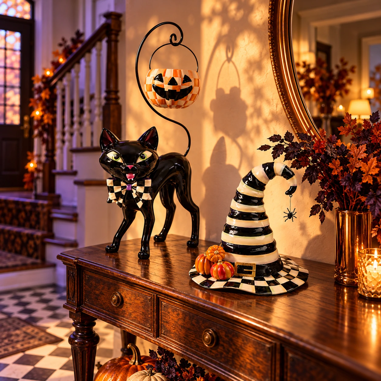 Welcome guests with a cat and a crooked hat — illustrative Halloween arrangement