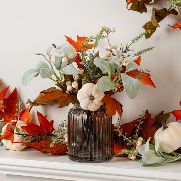 Artificial Pumpkin Arrangement in Ribbed Glass Vase